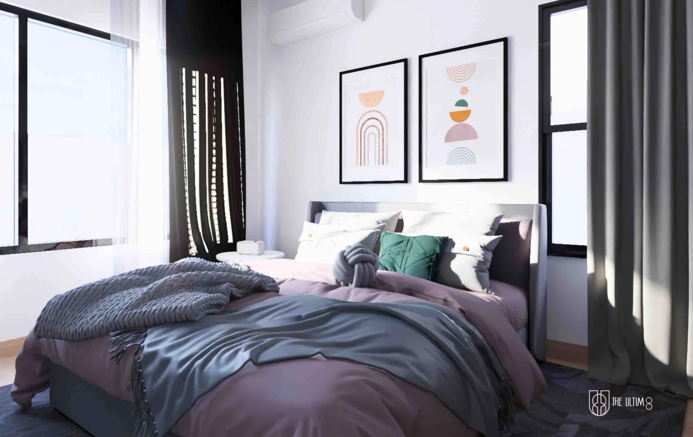 Bedroom 3 with a double bed between two windows